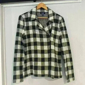 Chaps Jacket Women's Buffalo Plaid Gray and White Off Center Zipper Knit Medium